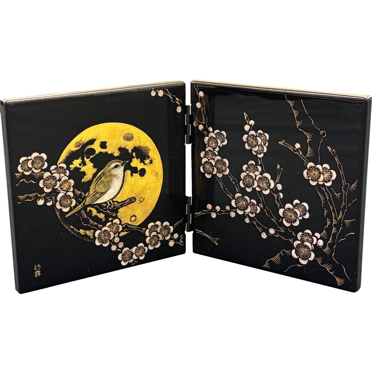 沈金「梅にうぐいす」（二枚屏風・ピアノ端材）