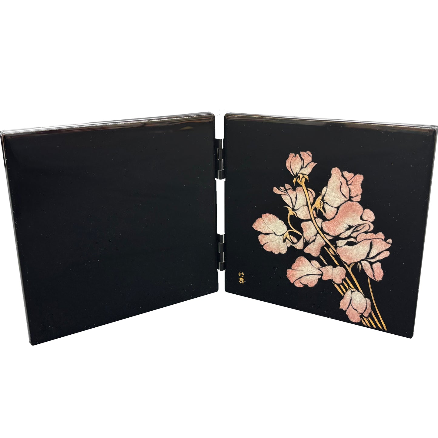 沈金「スイートピー & メッセージ入り」（二枚屏風・ピアノ端材）